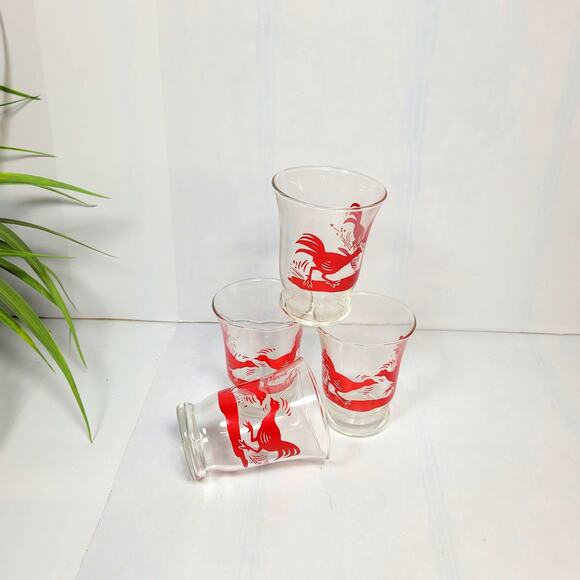 4 Vintage Fighting Rooster, Oyster Fruit Cocktail Juice Glasses, MCM Decor - Picture 1 of 4